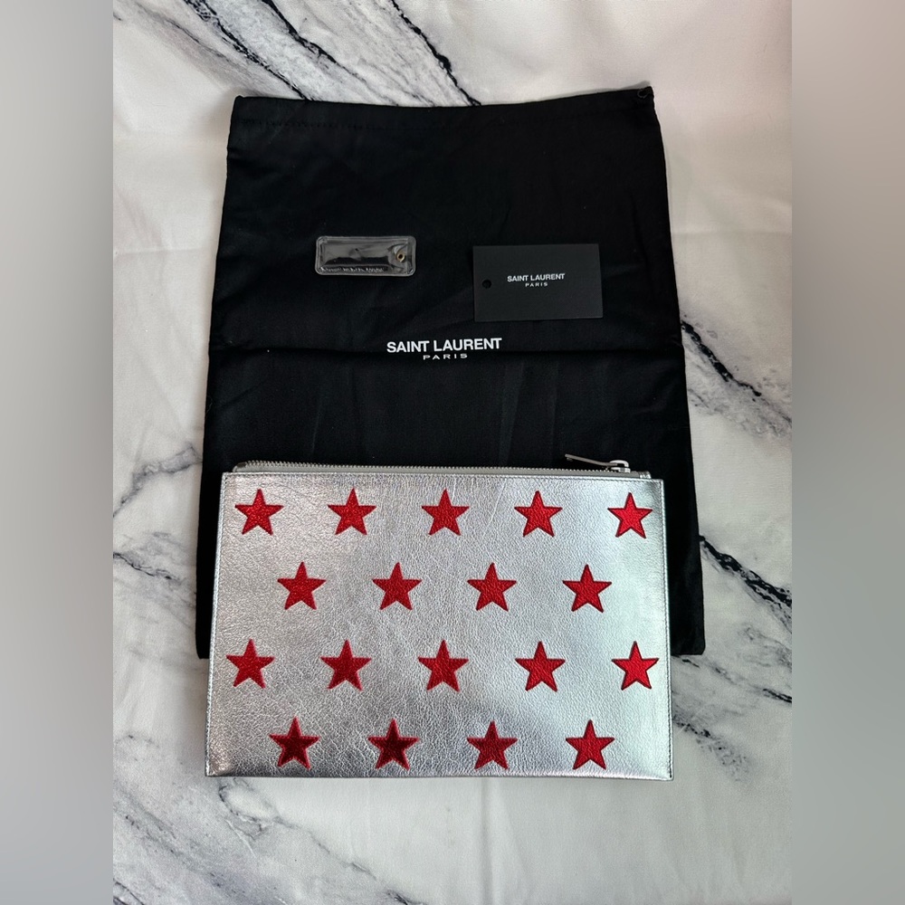 authentic YSL Saint Laurent iPad mini Rider zip Pouch with star patches NWT - Picture 3 of 12